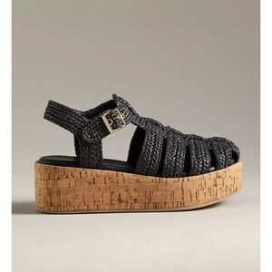 NEW Anthropologie Silent D Raffia Platform Sandals Espadrille Black EU 41 US 10
